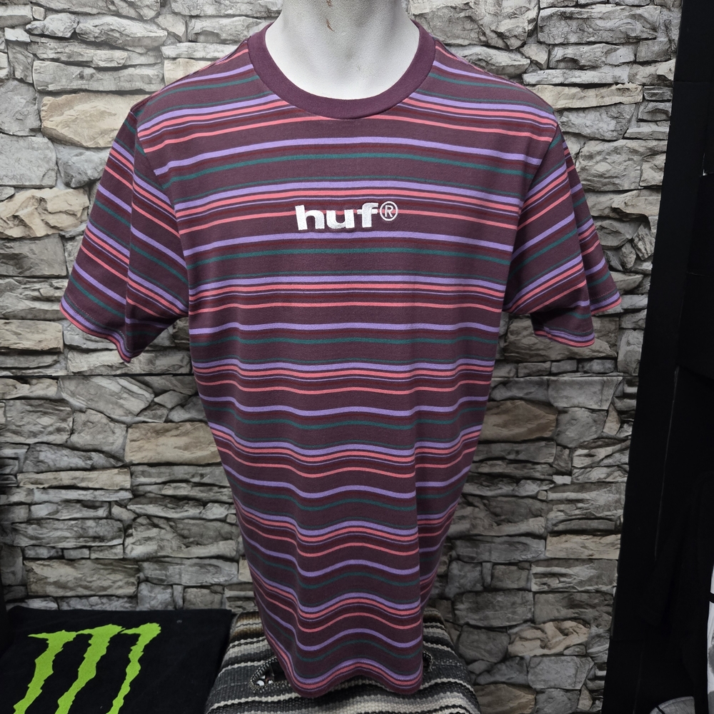 HUF Men Large Crewneck Pink Blue Multicolored Striped Short Sleeve Tee
